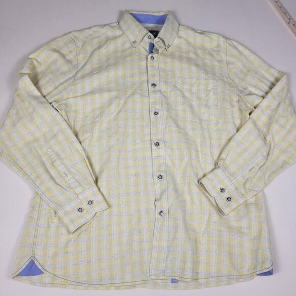 32 Bar Blues Linen Cotten Shirt‎ Men's Medium Yellow Plaid Long Sleeve Casual